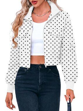 Women's White Dot Cropped Bomber Jackets Lightweight Zip Up Short Long Sleeve